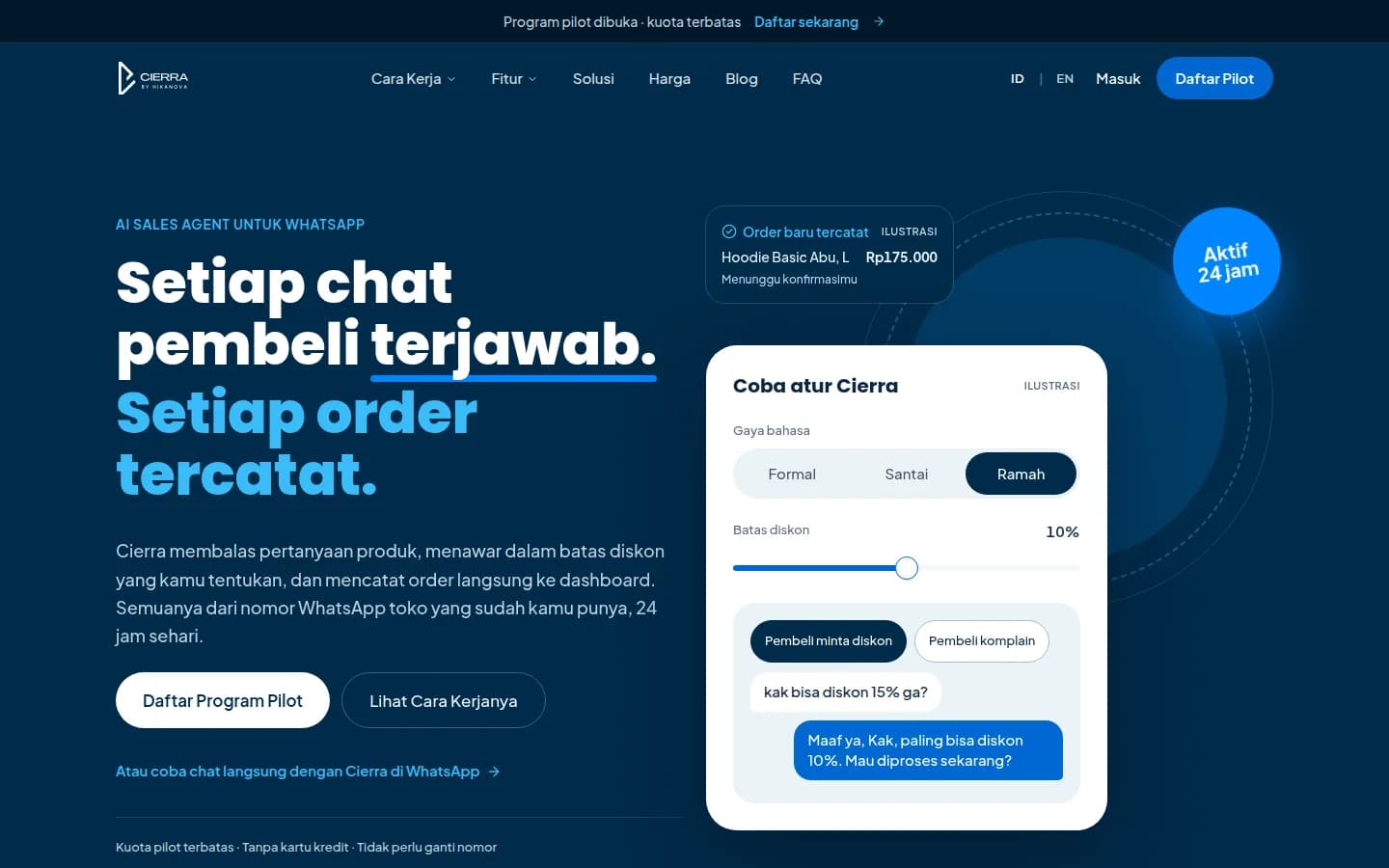 Landing page of Cierra